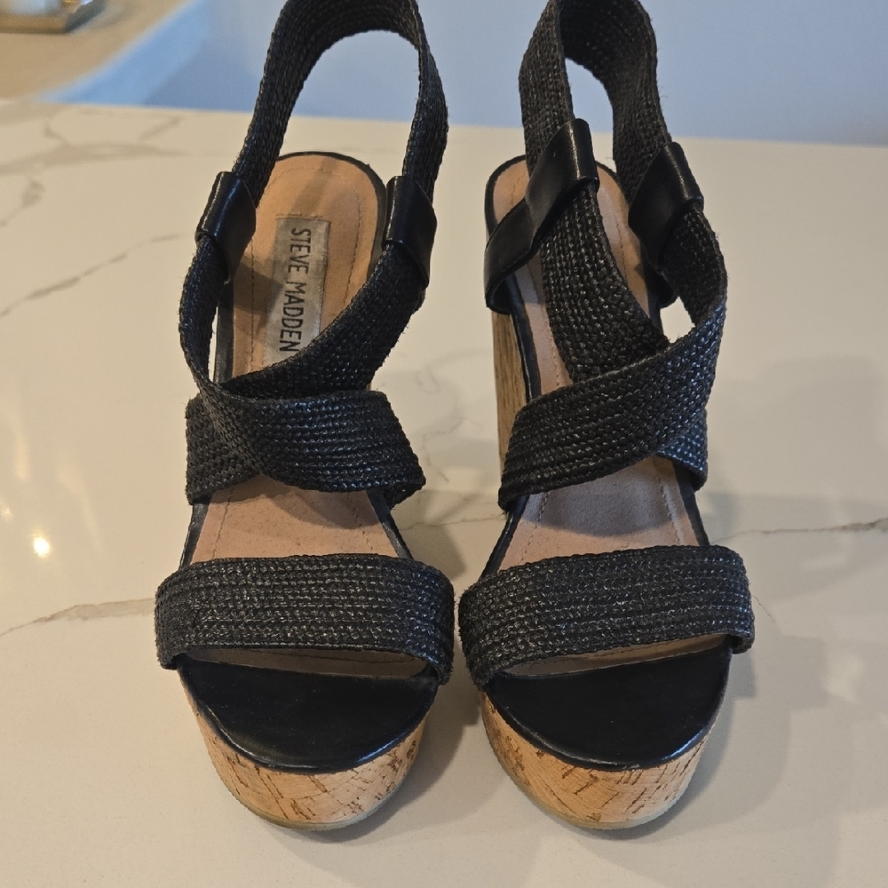 Steve Madden Black Wedge Shoes with Cork Platform